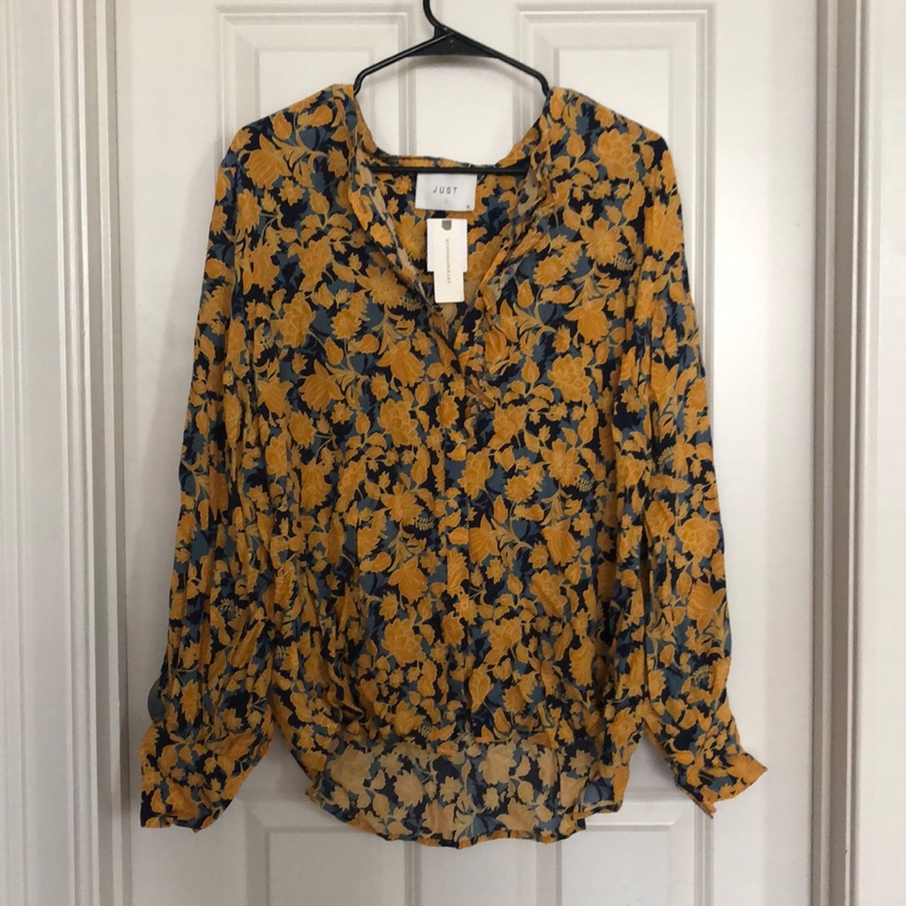 NWT Anthropologie blue/yellow ruffle blouse